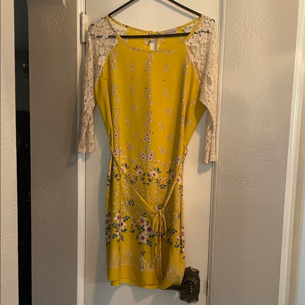 Floral Yellow Dress with Lace Sleeves
